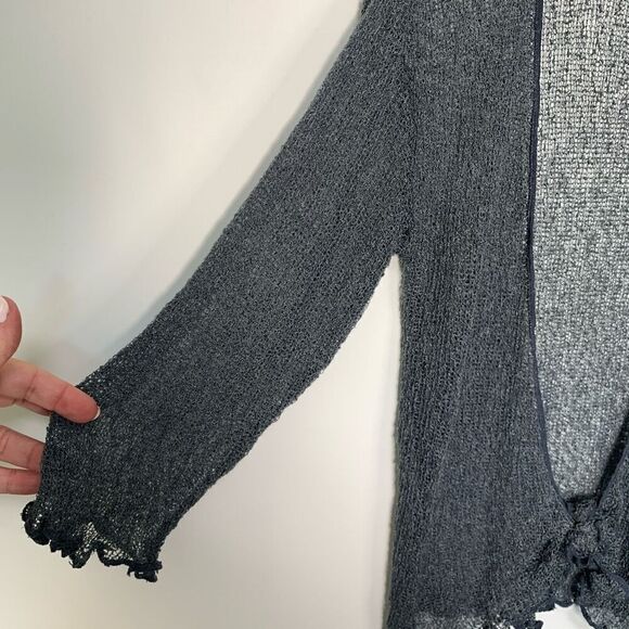 Women's Lettuce Trim Long Sleeve Tie Front Sheer Swimsuit Cover Up Gray OSFM - Picture 3 of 7